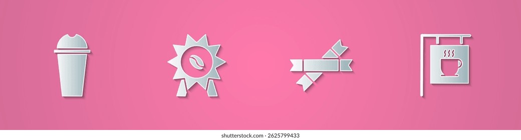 Set paper cut Milkshake, Medal for coffee, Sugar stick packets and Street signboard icon. Paper art style. Vector