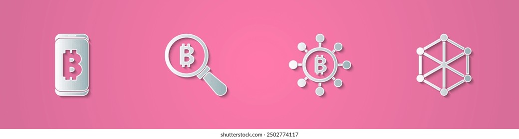Set paper cut Mining bitcoin from mobile, Magnifying glass with Bitcoin, Blockchain technology and  icon. Paper art style. Vector