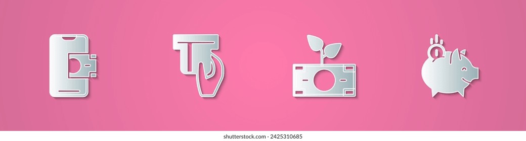 Set paper cut Mobile banking, Credit card inserted, Money plant the pot and Piggy with coin icon. Paper art style. Vector