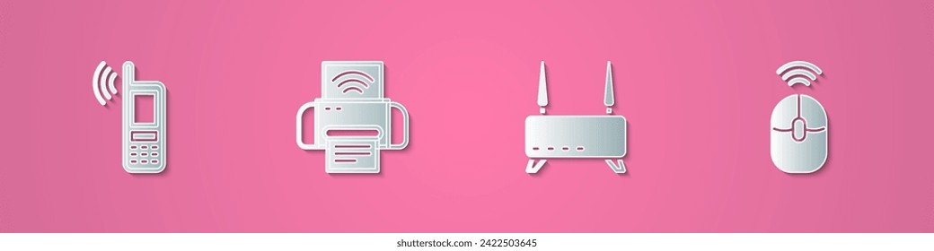 Set paper cut Mobile with wi-fi wireless, Smart printer system, Router and signal and Wireless computer mouse icon. Paper art style. Vector