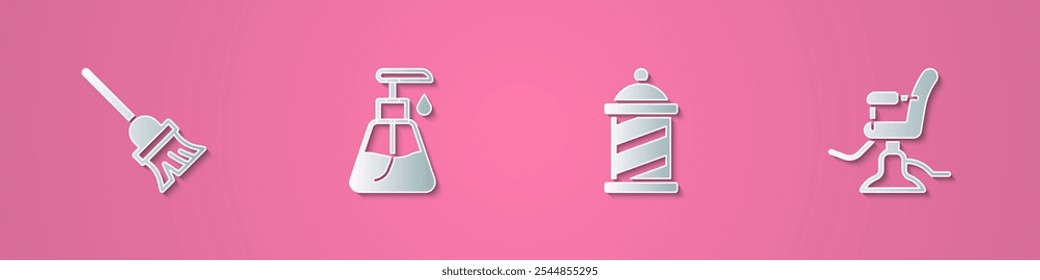 Set paper cut Mop, Cream cosmetic tube, Barber shop pole and Barbershop chair icon. Paper art style. Vector