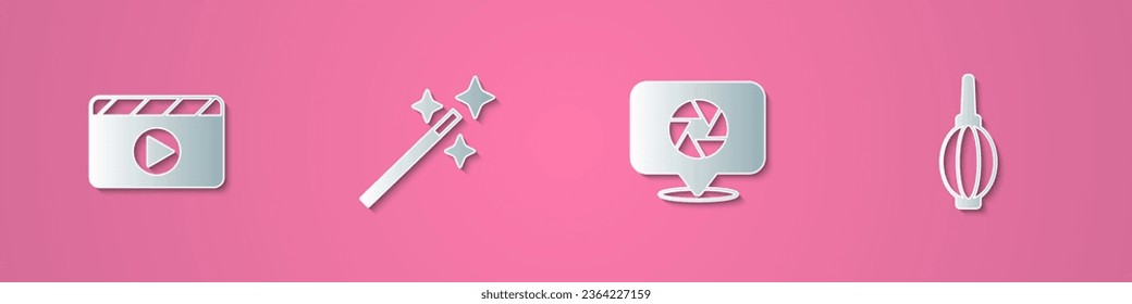 Set paper cut Movie clapper, Photo retouching, Camera shutter and Dust blower icon. Paper art style. Vector