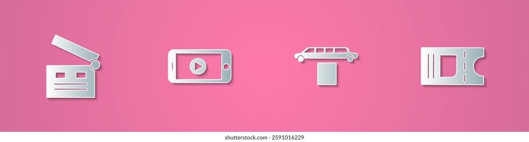 Set paper cut Movie clapper, Online play video, Limousine car and carpet and Cinema ticket icon. Paper art style. Vector