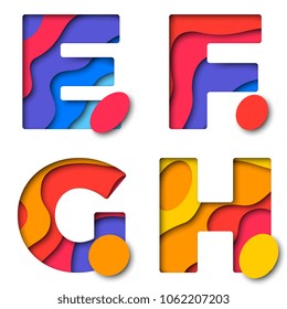 set of paper cut multicolored layered letters e f g h with realistic 3d shadows for greeting cards, posters, invitations, brochures