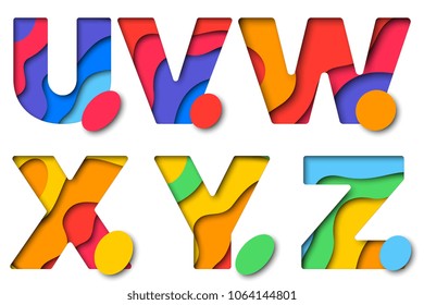 set of paper cut multicolored layered letters u v w x y z with realistic 3d shadows for greeting cards, posters, invitations, brochures