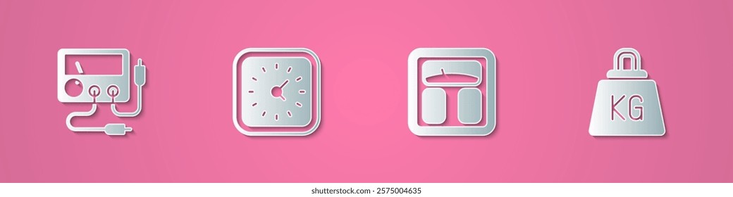 Set paper cut Multimeter, voltmeter, Clock, Bathroom scales and Weight icon. Paper art style. Vector