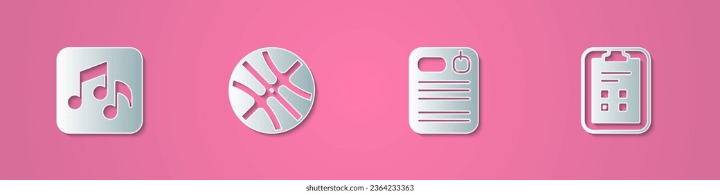 Set paper cut Music note, tone, Basketball ball, Dossier folder and Exam sheet with check mark icon. Paper art style. Vector