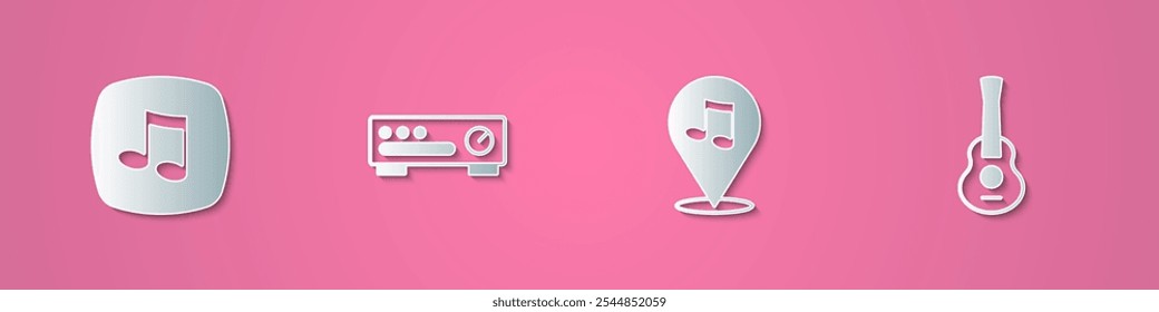 Set paper cut Music note, tone, Sound mixer controller, Location musical and Guitar icon. Paper art style. Vector