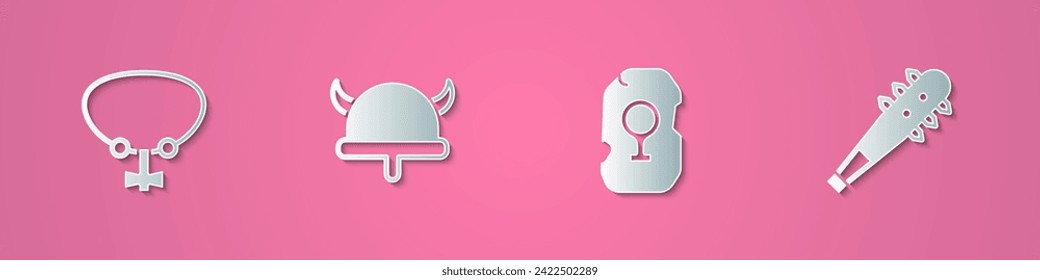 Set paper cut Necklace with gem, Viking in horned helmet, Magic rune and Mace spikes icon. Paper art style. Vector