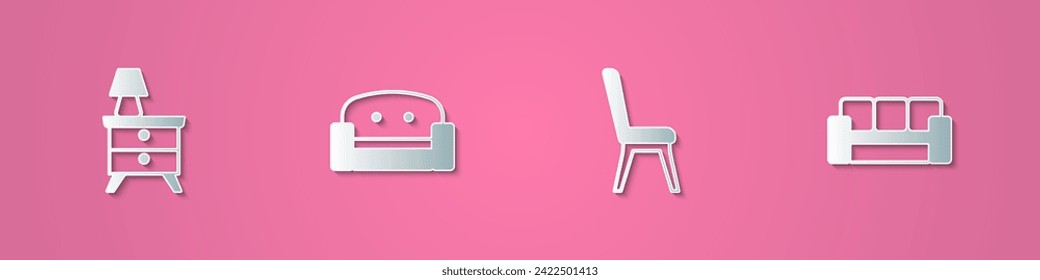 Set paper cut Nightstand with lamp, Armchair, Chair and Sofa icon. Paper art style. Vector