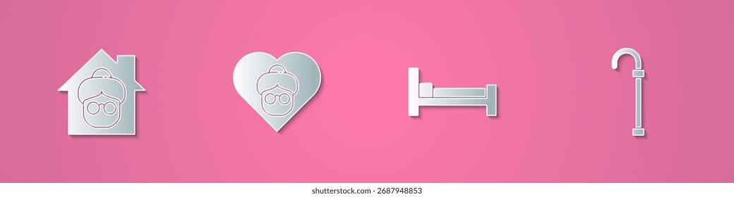 Set paper cut Nursing home, Grandmother, Bed and Walking stick cane icon. Paper art style. Vector svg