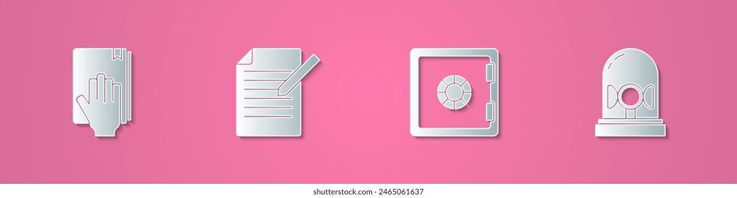 Legen Sie den Papierschnitt-Eid auf die Heilige Bibel, Dokument und Stift, Safe und Blinksirene-Symbol. Papierkunststil. Vektorgrafik