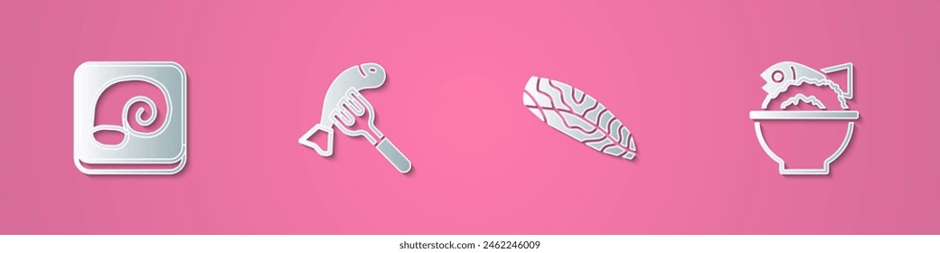 Set paper cut Octopus on a plate, Served fish, Fish steak and bowl icon. Paper art style. Vector