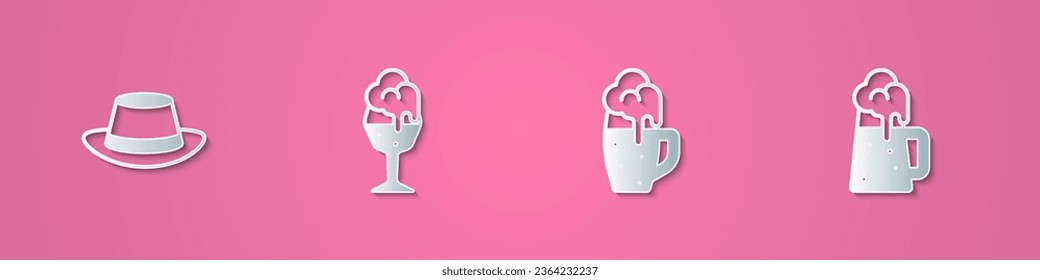 Set paper cut Oktoberfest hat, Glass of beer,  and Wooden mug icon. Paper art style. Vector