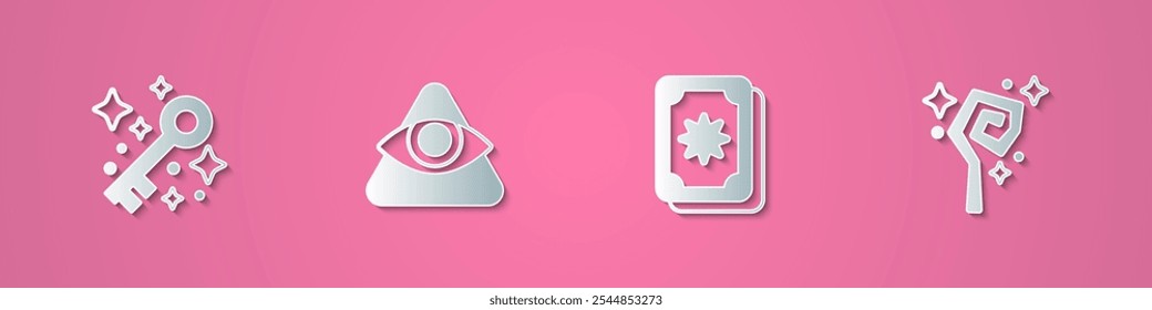 Set paper cut Old magic key, All-seeing eye of God, Tarot cards and Magic staff icon. Paper art style. Vector