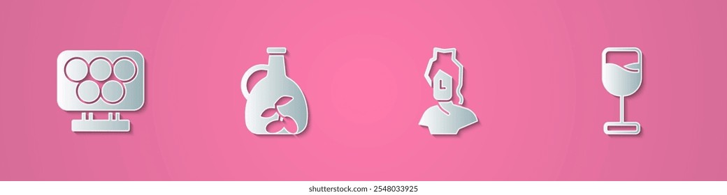 Set paper cut Olympic rings, Bottle of olive oil, Ancient bust sculpture and Wine glass icon. Paper art style. Vector