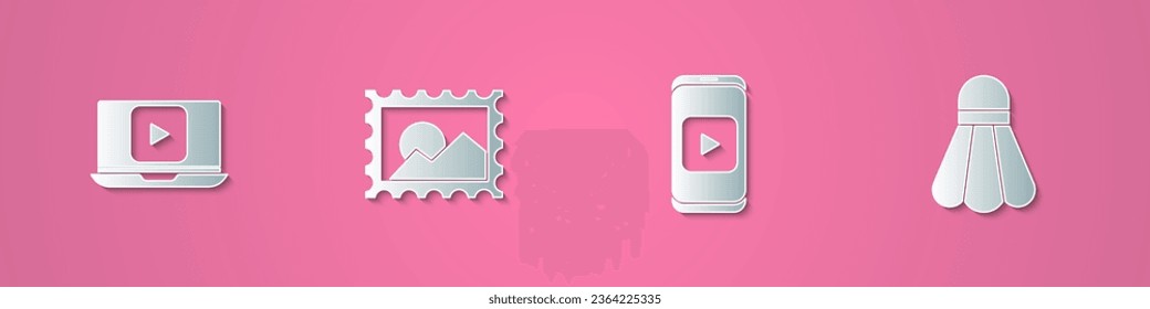 Set paper cut Online play video, Postal stamp,  and Badminton shuttlecock icon. Paper art style. Vector