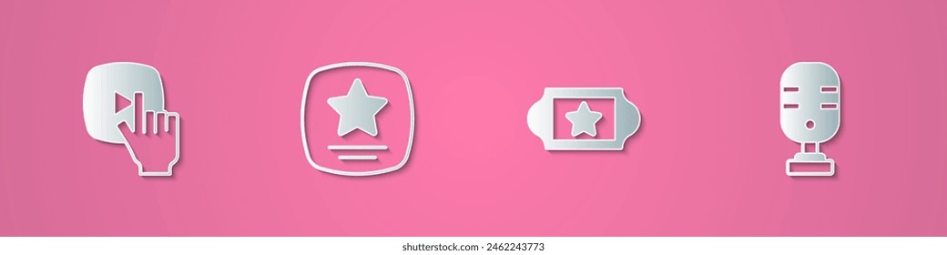 Set paper cut Online play video, Walk of fame star, Cinema ticket and Microphone icon. Paper art style. Vector