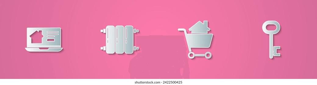 Set paper cut Online real estate house, Heating radiator, Shopping cart with and House key icon. Paper art style. Vector