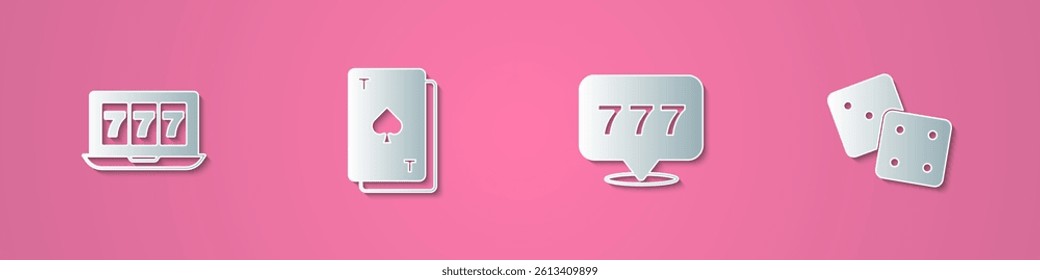 Set paper cut Online slot machine with jackpot, Playing card spades, Slot and Game dice icon. Paper art style. Vector