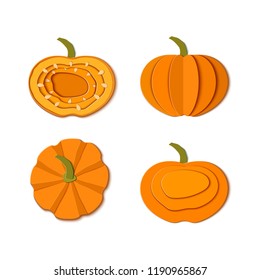 Set of paper cut orange pumpkins. Origami pumpkin whole, a piece, slice, top view Collection design elements for Halloween party, Thanksgiving Day card. Vector illustration. Paper art style.