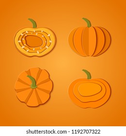 Set of paper cut orange pumpkins. Origami pumpkin whole, a piece, slice, top view Collection design elements for Halloween party, Thanksgiving Day card. Vector illustration. Paper art style.