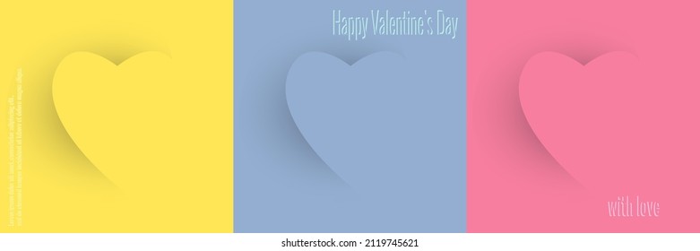 Set of paper cut out heart for Valentines Day. Vector illustration in  yellow, blue and pink color. Creative design for greeting card, wedding invitation, with text and place for text.