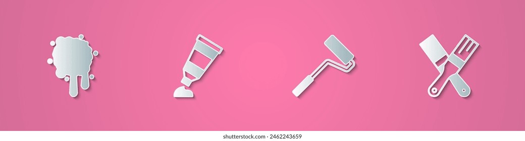 Set paper cut Paint spray, Tube with paint palette, roller brush and  icon. Paper art style. Vector