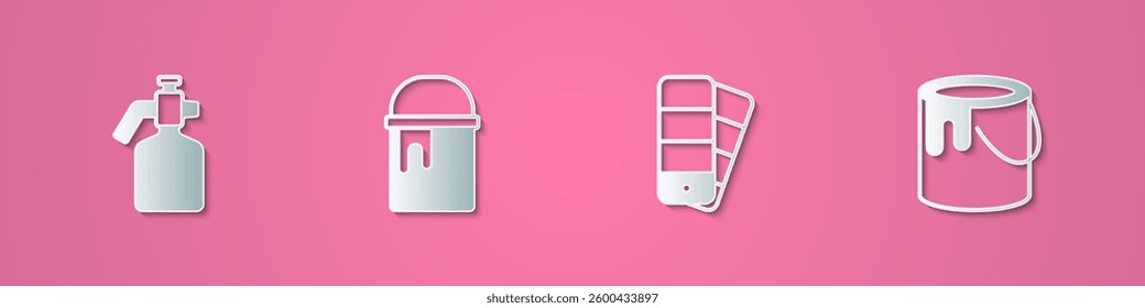 Set paper cut Paint spray gun, bucket, Color palette guide and  icon. Paper art style. Vector
