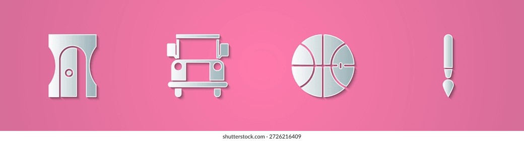 Set Papierschnitt Bleistiftspitzer, Schulbus, Basketball und Pinsel-Symbol. Papierkunststil. Vektorgrafik