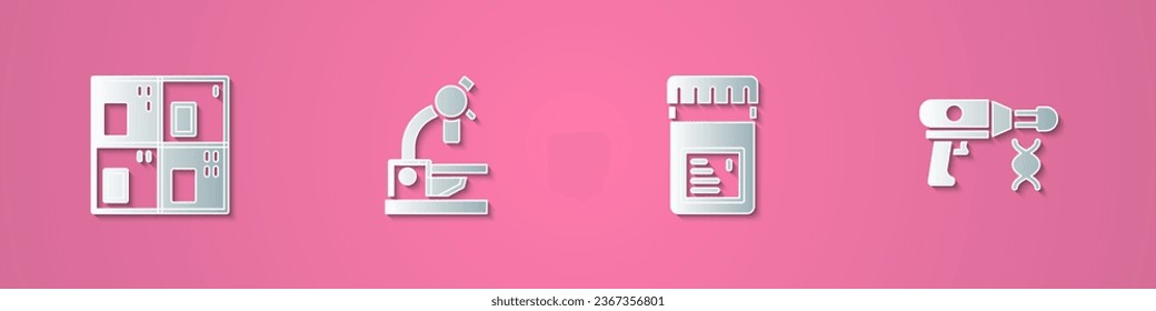 Set paper cut Periodic table, Microscope, Jar with additives and Transfer liquid gun icon. Paper art style. Vector