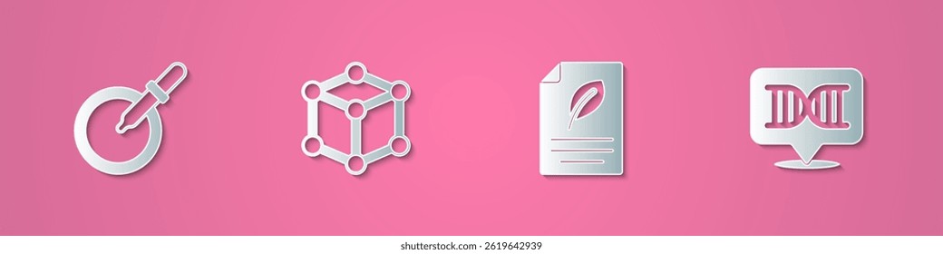 Set paper cut Petri dish with pipette, Molecule, Eco paper leaf and DNA symbol icon. Paper art style. Vector