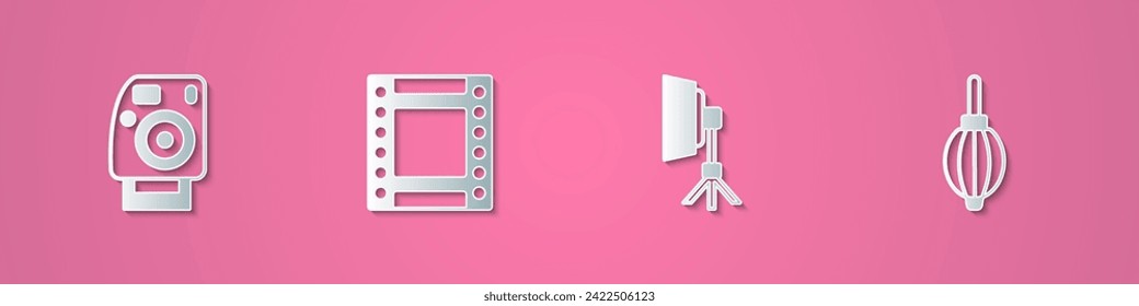 Set paper cut Photo camera, Camera roll cartridge, Softbox light and Dust blower icon. Paper art style. Vector