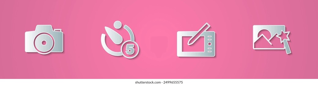 Set paper cut Photo camera, Camera timer, Graphic tablet and retouching icon. Paper art style. Vector