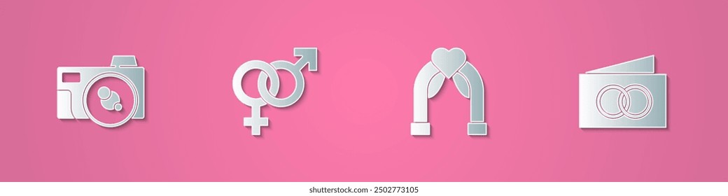 Set paper cut Photo camera, Gender, Wedding arch and Greeting card icon. Paper art style. Vector