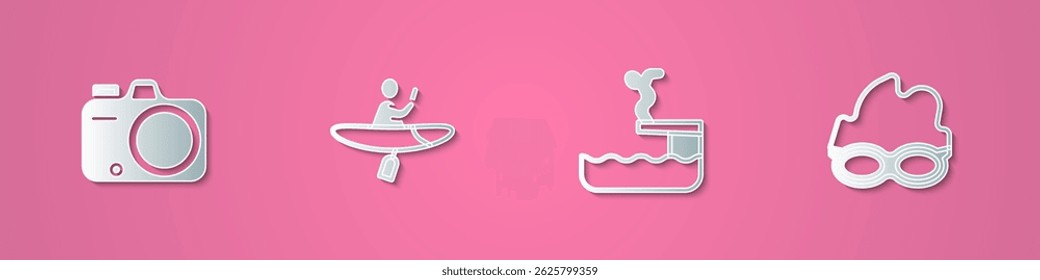 Set paper cut Photo camera, Kayak and paddle, Swimmer diving into pool and Glasses for swimming icon. Paper art style. Vector