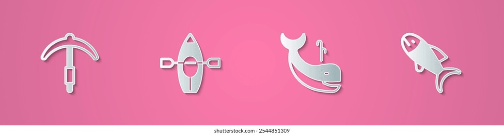 Set paper cut Pickaxe, Kayak and paddle, Whale and Fish icon. Paper art style. Vector