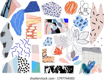 Fijado con trozos de papel cortados y elementos dibujados a mano. Diferentes formas y texturas. Collage creativo de diversión. Vector