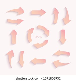 Set of paper cut pink arrows in different shapes. 3D arrows with realistic shadows for any design purposes.