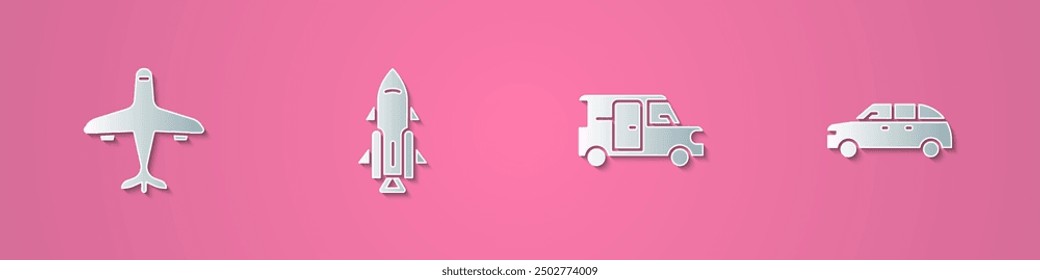 Establecer el avión de corte de papel, la nave cohete con fuego, el minibús y el icono del coche Hatchback. Estilo de arte de papel. Vector