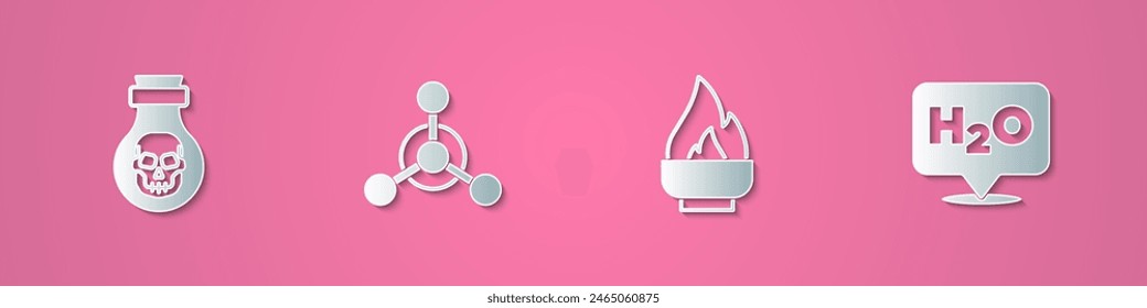Set paper cut Poison in bottle, Molecule, Alcohol or spirit burner and Chemical formula for H2O icon. Paper art style. Vector