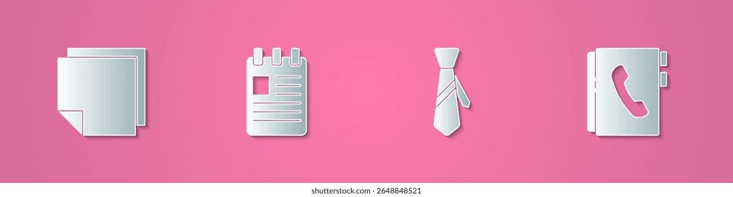 Set paper cut Post note stickers, Spiral notebook, Tie and Address icon. Paper art style. Vector