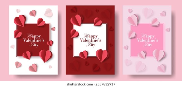 Set of Paper Cut Posters Happy Valentine's Day. Vector Illustration. Fashionable Love Cards for Mother's Day, Womens Day. Cute Banners for Party, Menu, Invitation, Birthday, Sale, Social Media.