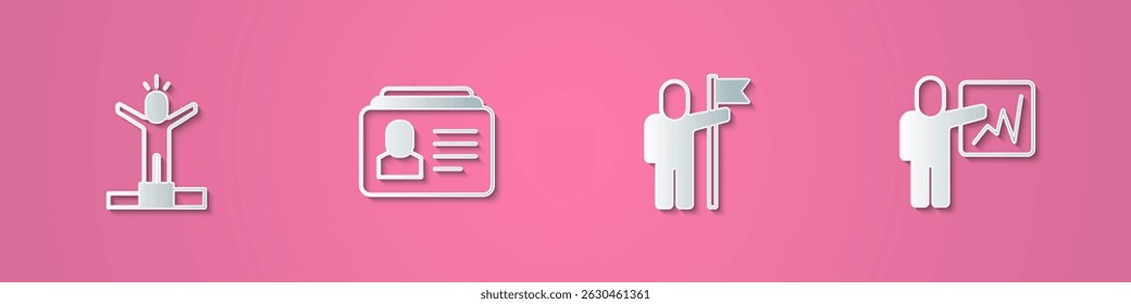 Set paper cut Productive human, Resume, Man holding flag and Leader of team of executives icon. Paper art style. Vector