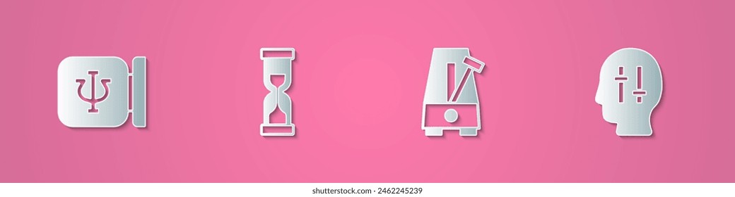 Set paper cut Psychology, Psi, Old hourglass, Metronome with pendulum and Solution to the problem icon. Paper art style. Vector