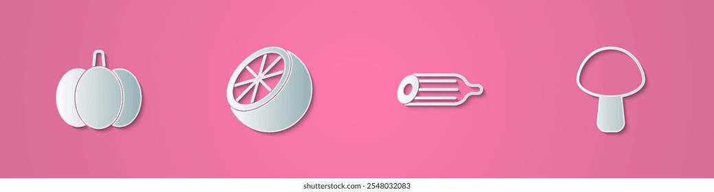 Set paper cut Pumpkin, Orange fruit, Fresh cucumber and Mushroom icon. Paper art style. Vector
