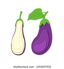 Set of paper cut purple eggplant and green leaf. Vector paper craft design in the form of ripe eggplant whole and slice. Vector illustration. Paper applique art style vegetable. Origami concept.