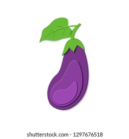 Set of paper cut purple eggplant and green leaf. Vector paper craft design in the form of ripe eggplant. Vector illustration. Paper applique art style vegetable. Origami concept