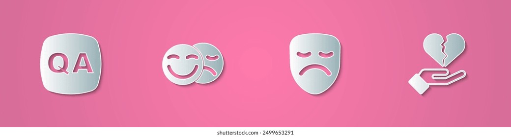 Set paper cut Question and Answer, Comedy tragedy masks, Drama theatrical and Broken heart or divorce icon. Paper art style. Vector