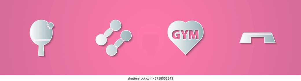 Set de corte de papel raqueta y bola, mancuerna, gimnasio gimnasio corazón y paso icono de plataforma. Estilo de arte de papel. Vector